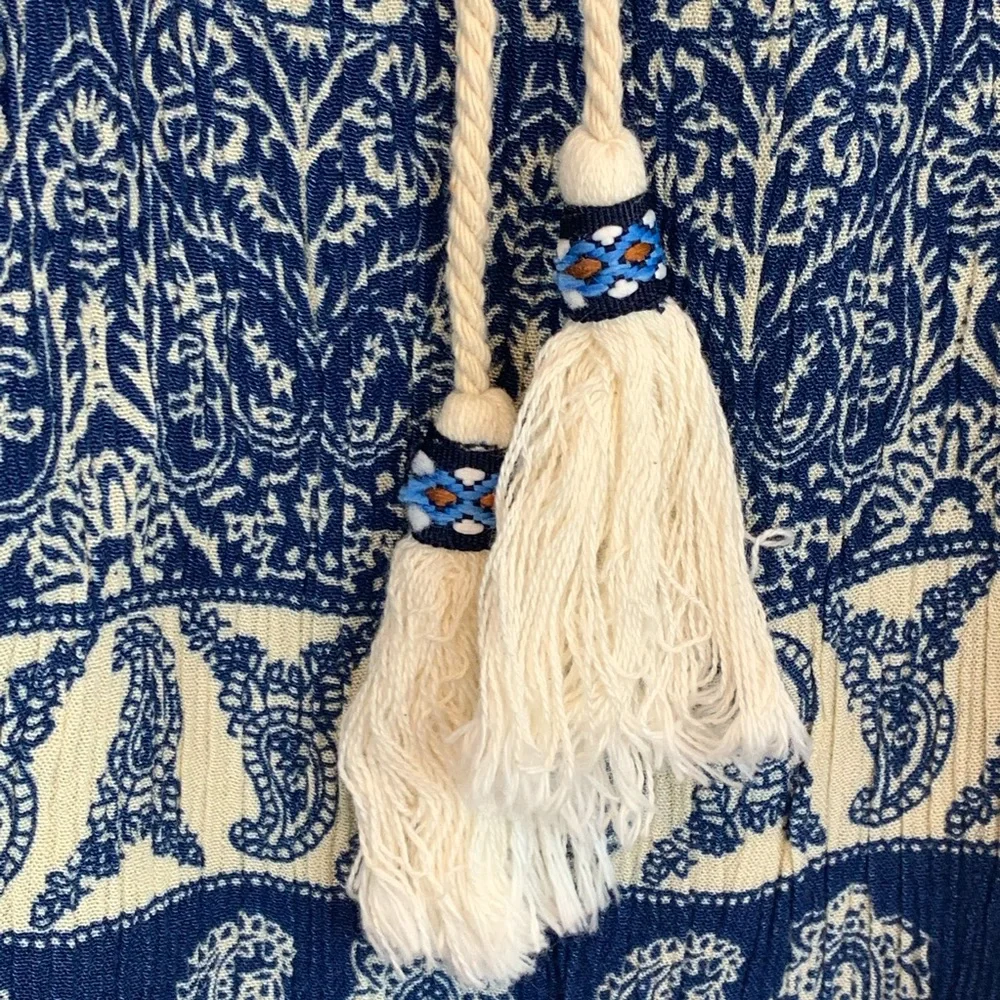 now n forever blue cream paisley pattern tunic shirt sleeve small tassels boho - Picture 4 of 5